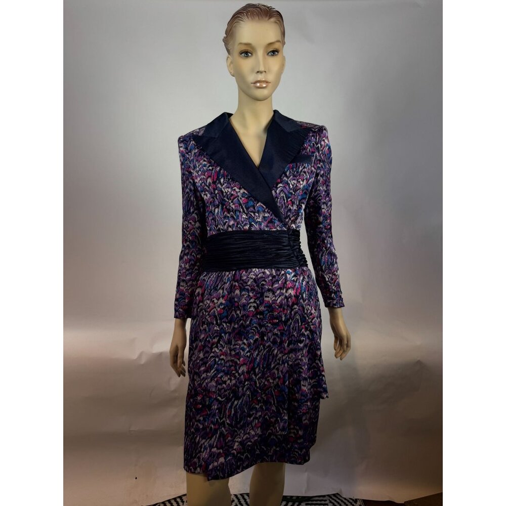Vintage Balenciaga Paris Printed Silk Blend Evening Dress With Satin Lapel & Wai